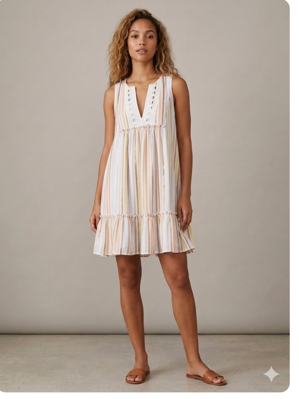 LemLem by Liya Kebede Metallic Striped Bib Dress Ruffle and Crochet Trim Small